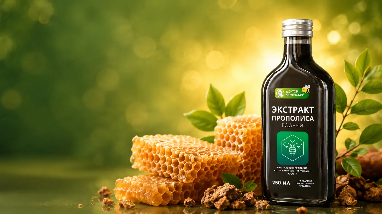 Флакон водного экстракта прополиса с сотами и листьями